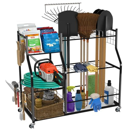 Garden Tool Organizer with Wheels, Metal Rack for Long Handled Tools