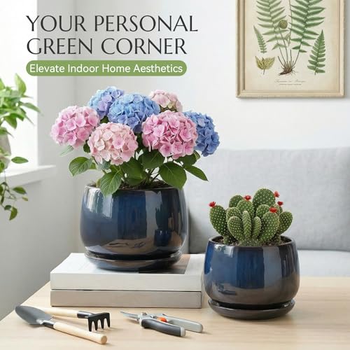 10.3 Inch Flower pots for Indoor Outdoor Plants with Saucer Drainage Leak-Proof Mesh, Ceramic Planter with Gardening Gloves for Succulent and Flower(Metallic Black) - color: Metallic Black, size: 10.3 Inch