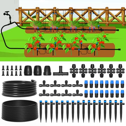 MIXC 247 FT Drip Irrigation System,Quick Connector Garden Watering System Automatic Sprinkler System Kit for Lawn Raised Bed Greenhouse Plant Watering System with 1/4'' Tubing,Drip Emitters,Connectors - size: 50FT Main tube+197FT 1/4'' tube