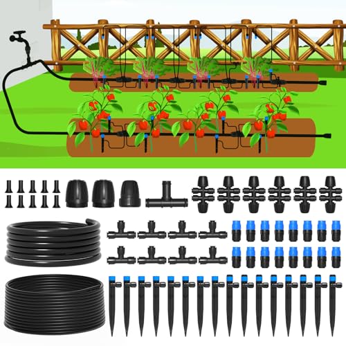 MIXC 247 FT Drip Irrigation System,Quick Connector Garden Watering System Automatic Sprinkler System Kit for Lawn Raised Bed Greenhouse Plant Watering System with 1/4'' Tubing,Drip Emitters,Connectors - size: 50FT Main tube+197FT 1/4'' tube