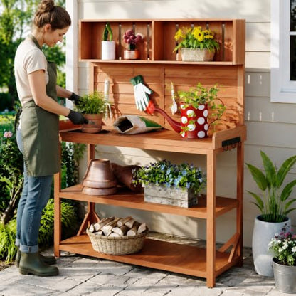 Garden Potting Bench, 65 Inch Wooden Patio Workstation with Storage (Natural) - color: Natural