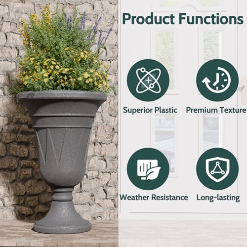 Tall Plastic Urn Planters and Pedestal - 24" Outdoor Planter Grey - color: Dark Grey-trophy