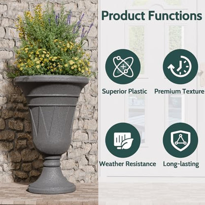 Tall Plastic Urn Planters and Pedestal - 24" Outdoor Planter Grey - color: Dark Grey-trophy