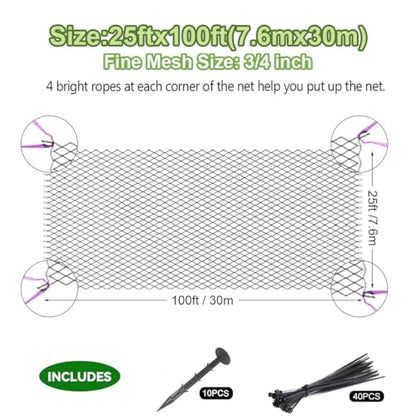 OGORI 25' x 100' Bird Netting Heavy Duty Nylon 3/4" Mesh Garden Netting Protect Fruit Trees, Plants and Vegetables - size: 25'×100'-3/4''