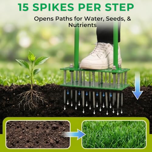 Manual Lawn Aerator Tool - 38 Inch, 6 Springs, 15 Spikes Aerator Lawn Tool - style: Standing Aerator