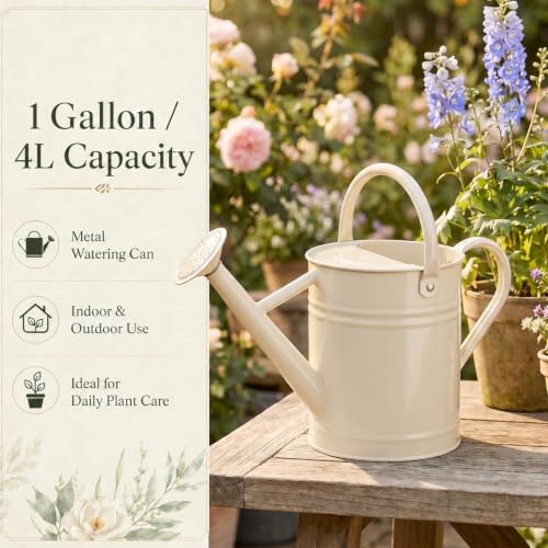 1 Gallon Metal Watering Can for Indoor Outdoor Plants, Warm White - color: Warm White