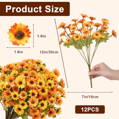 12 PCS Artificial Mums for Outdoors, UV Resistant Fake Fall Flowers - color: Yellow + Orange