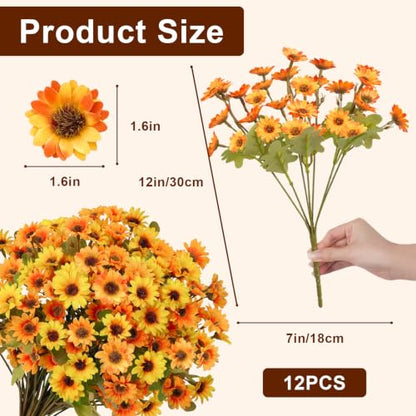 12 PCS Artificial Mums for Outdoors, UV Resistant Fake Fall Flowers - color: Yellow + Orange