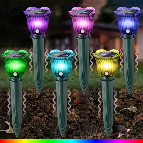 6 Pack Solar Ultrasonic Animal Repellent with RGB Color-Changing Lights, Pest 360° Sonic Deterrent for Outdoor Lawn & Garden, Solar Powered Mole, Snake & Gopher Repellent Stakes (Petal Style) - style: Petal Style