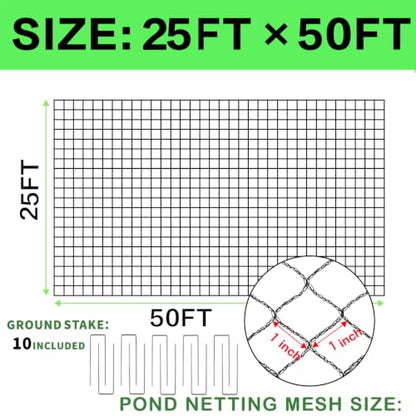 25x50ft Koi Pond Netting for Leaves, 1 in Mesh Netting Pond Cover Kit - size: 25FT*50FT