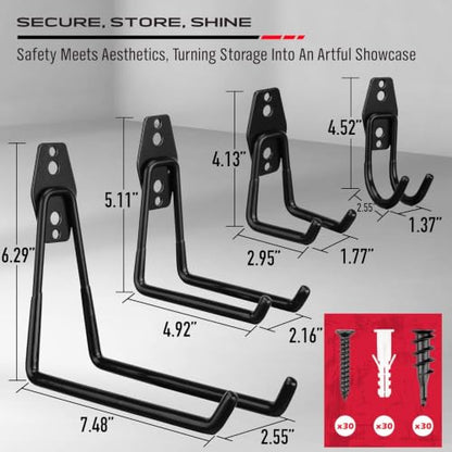 Garage Tool Storage Wall Hook Assortment Set: 15PCS Heavy Duty Large Hanger Garden Tool Organizer Ladder Bike Rack Yard Tool Holder Shed Shovel Metal Screw Organization Bicycle Steel Bracket - style: 15-Pack Hooks + 3 Straps（black）