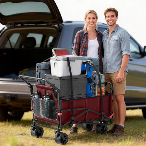 LEVELEVE Heavy Duty Folding Wagon - 2-in-1 Collapsible Cart, All-Terrain Wheels w/Brakes & Side Pockets (Red, 650lb Capacity) - color: Red, size: Large