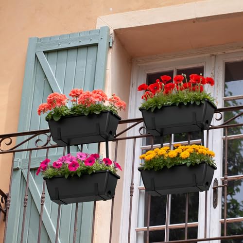 4 Pcs Hanging Flower Pots, 16.9 Inches Railing Planter Box, Black - color: Black