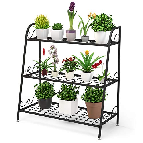 Giantex 3 Tier Metal Plant Stand, Indoor Outdoor Plant Shelf, Flower Rack Display Shelf, Flower Pots Holder with Adjustable Feet for Garden, Balcony, Living Room (3-Tier (32''x 13'' x 32'')) - size: 3-tier (32''x 13'' x 32'')