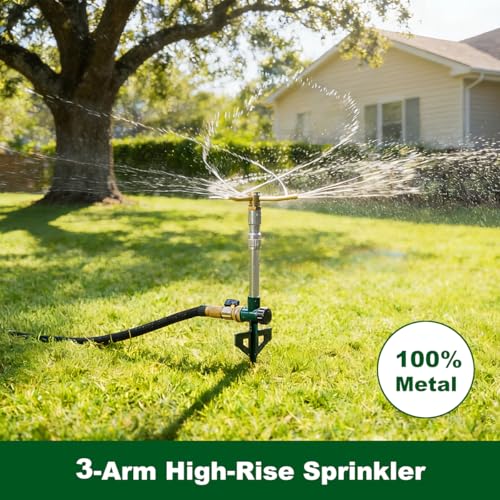 FANHAO 2 Pack Metal Lawn Sprinklers with Adjustable Telescoping Base, 3-Arm Water Sprinkler 360 Degree Rotation High-Rise Sprinkler for Large Area Coverage, Garden Watering Irrigation Sprinkler System