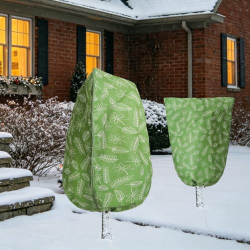 Homimp Plant Covers Freeze Protection,4 PCS Frost Covers with Zipper Drawstring (23.6" x 31.5") Plant Protection Cover Bags for Outdoor Winter Frost Cold Weather Shrubs Trees Jacket Covers,Green Print - size: 23.6"W x 31.5"H