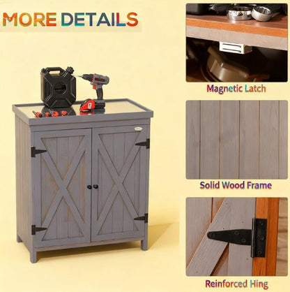 Wood Outdoor Storage Box and Deck Box with Galvanized Metal Top, Farmhouse Style Patio Cabinet with Shelves for Yard Tools & Cushions, Weather-Resistant Finish, 31.5 x 17.8 x 36.3 Inches, Grey - color: Grey - 31.50 X 17.80 X 36.30 Inch
