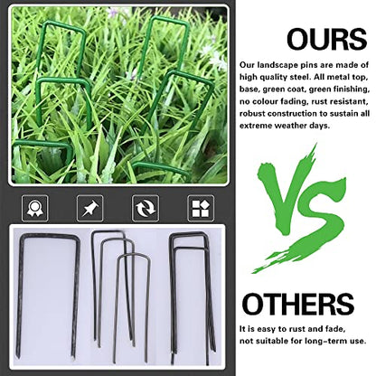 Bakulyor 100Pcs Green Landscape Staples 6 Inch Garden Artificial Turf Stakes Staples, 11 Gauge Lawn Galvanized Ground Fabric Pins for Weed Barrier Sod Decorations Holding Fence and Irrigation Tubing
