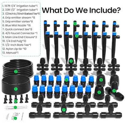 MIXC 230FT Quick-Connect Drip Irrigation System Kit, Automatic Garden Watering System with 1/4" & 1/2" Fast-Lock Tubing - Adjustable Nozzles & Sprinklers for Garden, Greenhouse, Lawn, Potted Plants - size: 33FT Main tube+197FT 1/4'' tube