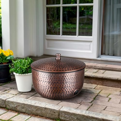 Monarch Abode Garden Hose Holder with Lid – Decorative Water Hose Holders for Outside, Hand Hammered Metal Antique Copper Pot with Drainage, 100ft Waterhose Holder for Outside, Garden Storage Caddy - color: Antique Copper Finish