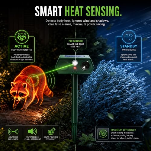Squirrel & Raccoon Repellent Outdoor 4 Pack, Solar Ultrasonic Animal Repeller for Deer Rabbit Skunk, Motion Activated 110° PIR Sensor, White Flashing Light, IP65 Deterrent for Garden Yard Lawn