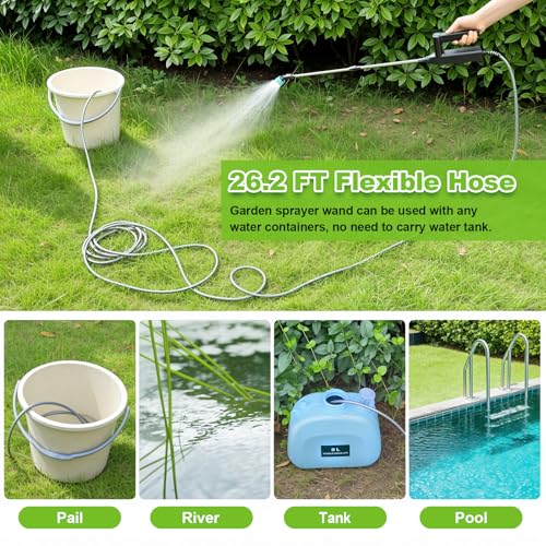 Battery Powered Sprayer Wand, 32 Inch Garden Sprayer Telescopic Wand with 3 Adjustable Speeds, Battery Indicator, 26.2 FT Hose, 7.4V Rechargeable Water Sprayer Wand with 4 Adjustable Nozzles & Filter