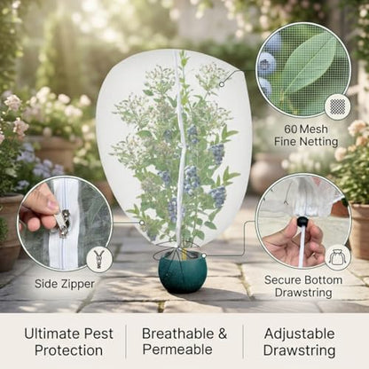 Gardtree 3PCS 4.1 × 5 FT Bird Insect Barrier Fruit Tree Netting, Double Zipper & Drawstring, Garden Bird Netting for Blueberries, Tomatoes, Peppers, Shrubs – Reusable Mesh Barrier - size: 4.1 x 5 FT/3PCS