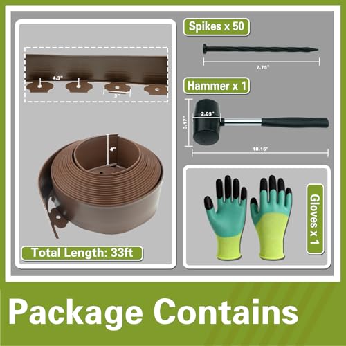 33 ft No Dig Landscape Edging Kit with 50 Spikes, Hammer & Gloves, 4in high - color: Brown, size: 4in x 33ft