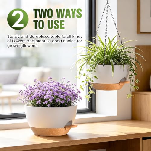 13 Inch Large Self Watering Hanging Planters 2 Pack with Saucers - color: White Brown, size: 13 Inch 2 Pack