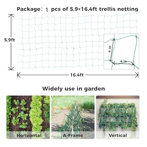 Kikhope Trellis Netting for Climbing Plants, 5.9x16.4 ft Garden Trellis Net - size: 5.9ft x 16.4ft (1 Pack)