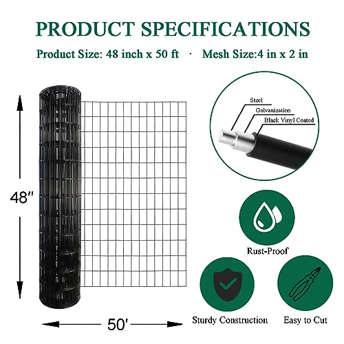 Black PVC Coated Welded Wire Fence 48" x 50' Roll, 2"x4" Mesh, 14 Gauge - color: Black, size: 2''x4'' 14GA 48''x50'