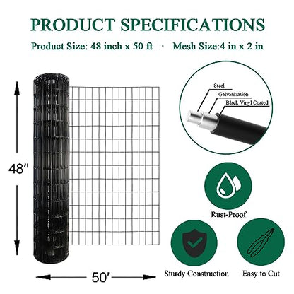 Black PVC Coated Welded Wire Fence 48" x 50' Roll, 2"x4" Mesh, 14 Gauge - color: Black, size: 2''x4'' 14GA 48''x50'