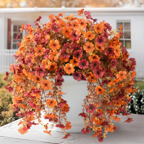 Homsunny Artificial Faux Mums Fall Flowers for Outdoor Outside Decoration - color: Orange Brown