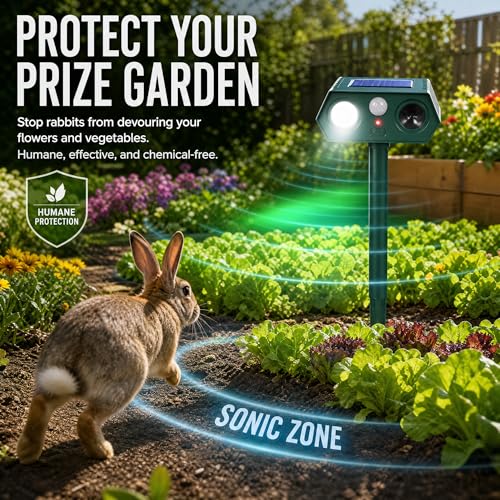 Animal & Squirrel Repellent Outdoor 2 Pack, Solar Ultrasonic Raccoon Deer Deterrent with 110° PIR Motion Sensor, 13.5–45.5 kHz Variable Frequency, White Flashing Light, IP65 for Garden Yard Lawn