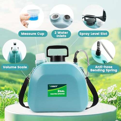 Battery Powered Sprayer 2 Gallon, 2026 Upgrade Electric Sprayer with 3 Adjustable Speed, Battery Indicator, 4 Mist Nozzles, Rechargeable Retractable Wand with Adjustable Shoulder Strap for Lawn Garden - color: Blue