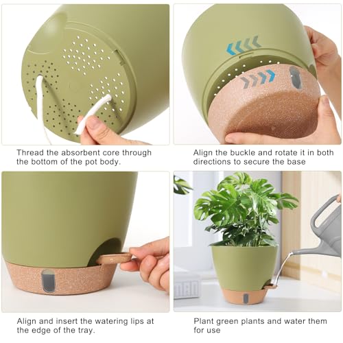 Self Watering Pots for Indoor Plants 12/10/9/8 Inch Plastic with Reservoir - color: Green