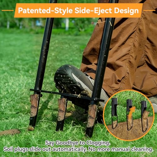 Manual Lawn Aerator Tool - Heavy Duty Core Aerator with Side-Eject Hollow Tines - Professional Alloy Steel Soil Aerator for Compacted Clay Soil - Ergonomic Yard Grass Aeration Tool