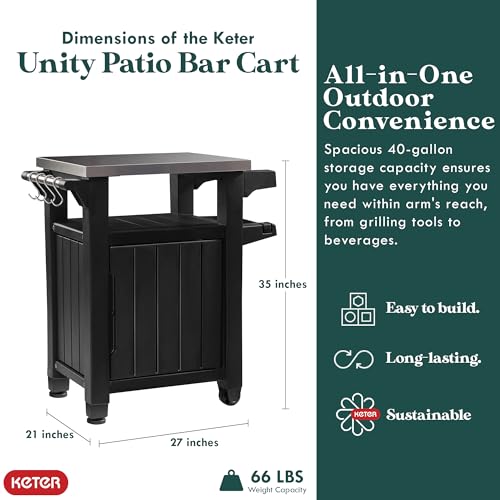 Keter Unity Outdoor Grill Prep Table & Serving Cart, 40 Gal, Brown
