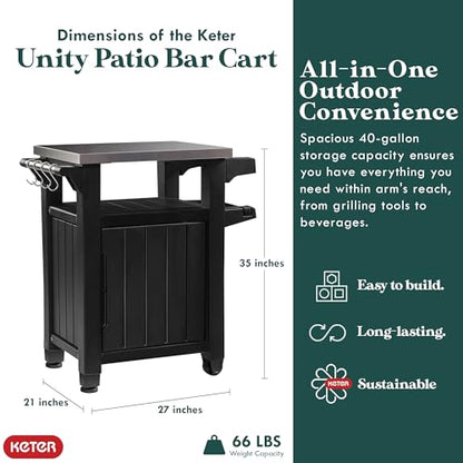 Keter Unity Outdoor Grill Prep Table & Serving Cart, 40 Gal, Brown