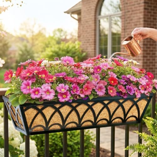 24 Inch Railing Planter Box Window Boxes Planters - 2 Pack Deck Railing Planter Boxes with Adjustable Brackets Coco Liners Balcony Planters Railing Hanging for Window Flower Boxes Outdoor Garden Decor - size: 24 Inch