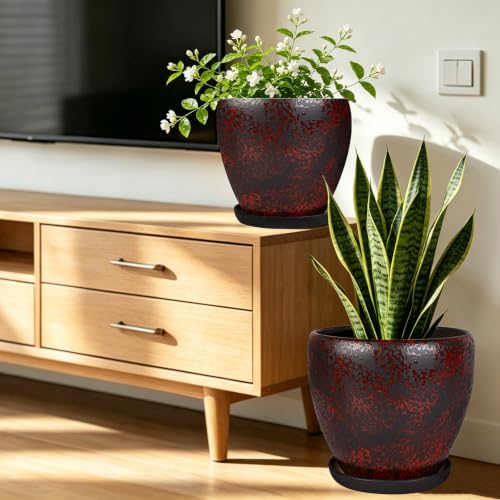 Ceramic Plant Pots With Saucer & Drainage Hole, 8 inch Indoor Flower Pots - color: Red, size: 8 inch