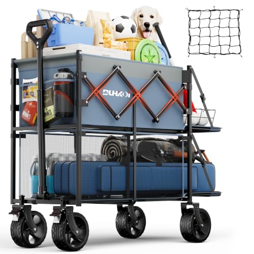 Double Decker Collapsible Wagon with Brakes,Compact with Tailgate - color: Ligjht Blue