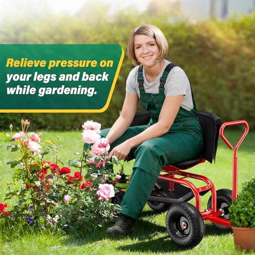 Garden Seat with Wheels, Rolling Garden Stool with Adjustable 360°Swivel Seat - color: Red