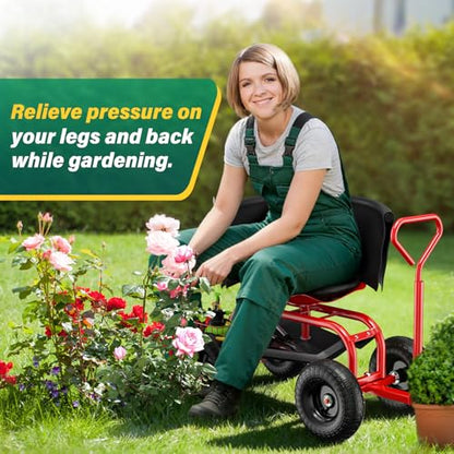 Garden Seat with Wheels, Rolling Garden Stool with Adjustable 360°Swivel Seat - color: Red