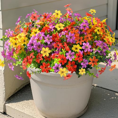Artificial Flowers for Outdoors Spring Summer Decoration, 12 Bundles Fake Plants UV Resistant Realistic Faux Flower Silk Daisy with Eucalyptus Stem for Patio Planter Porch Yard Window Box Balcony - color: Pureple Red Orange Yellow, size: 12 PCS