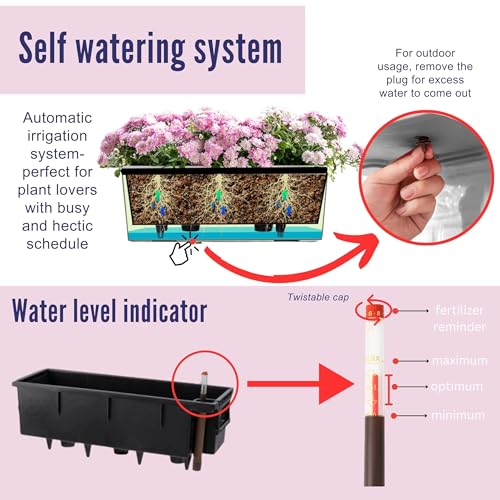LaLaGreen Railing Planter Boxes (14 Inch, 2 Pack) Self-Watering Window Box Planters with Brackets, Rectangular Hanging Flower Pots for Balcony Deck Fence, Outdoor Herb Garden Plastic Planters Black - size: 14" x 2 Pack (with Bracket)