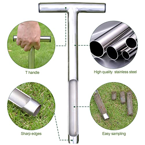 Soil Probe 12 Inch with 2 Bags, Soil Sample Probe for Lawn House Plants, T-Handle Soil Sampler Probe Rod Tool Set, Stainless Steel Soil Test Kits Tool for Soil Sampling - size: 12"