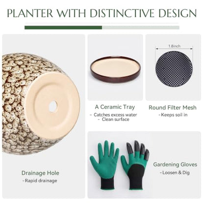 10.6 Inch Ceramic Planter with Saucer (Speckled White) - color: Speckled White, size: 10.6 Inch