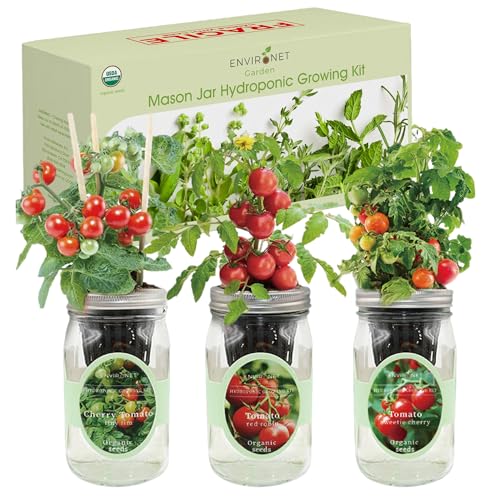 Hydroponic Mason Jar Indoor Garden Organic Seed Starter Kits - Tomato Trio Garden Growing Kits, Gardening Gift (Red Robin Tomato, Cherry Tomato - Tiny Tim, Sweetie Cherry Tomato) - color: Tomato Trio Garden Kits