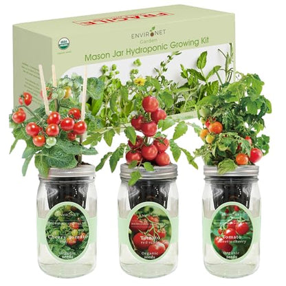 Hydroponic Mason Jar Indoor Garden Organic Seed Starter Kits - Tomato Trio Garden Growing Kits, Gardening Gift (Red Robin Tomato, Cherry Tomato - Tiny Tim, Sweetie Cherry Tomato) - color: Tomato Trio Garden Kits